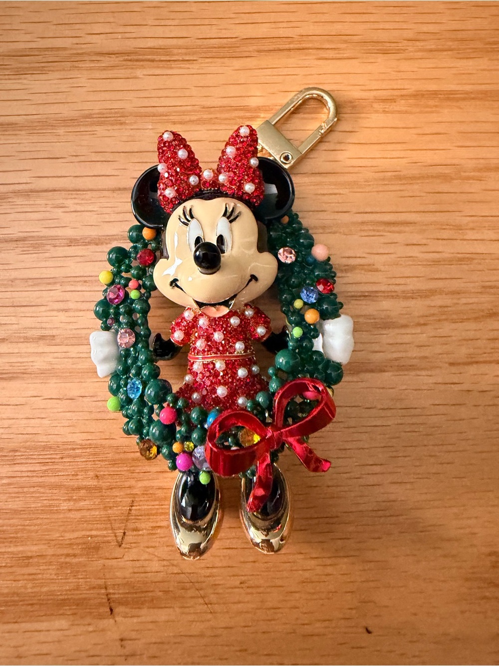 BaubleBar Minnie Mouse Wreath Keychain/bag chair- Red, Green & Gold